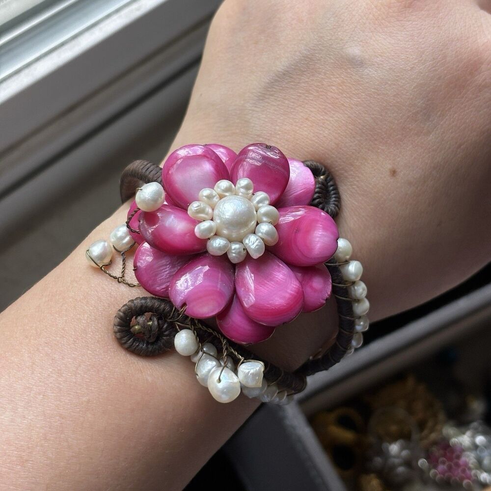 Artisan Pink Shell Flower Freshwater Pearl Leather Wrap Bracelet Boho Floral